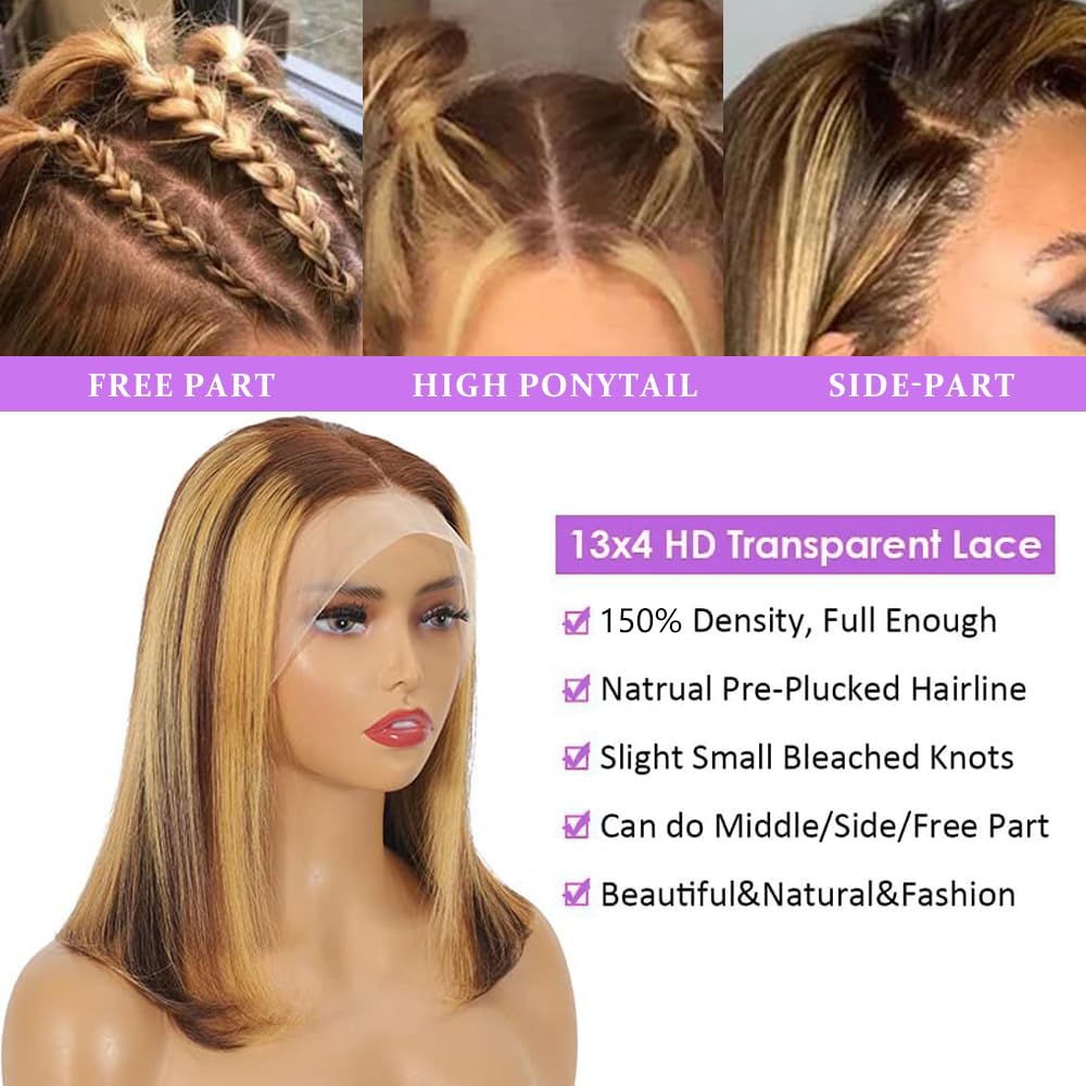 Lace Front Bob Wig Human Hair 13X4 HD Bob Lace Frontal Wig Short Straight Brazilian Virgin Human Hair 150% Density Highlight Ombre P4/27 Color (8 inch) - Image 4