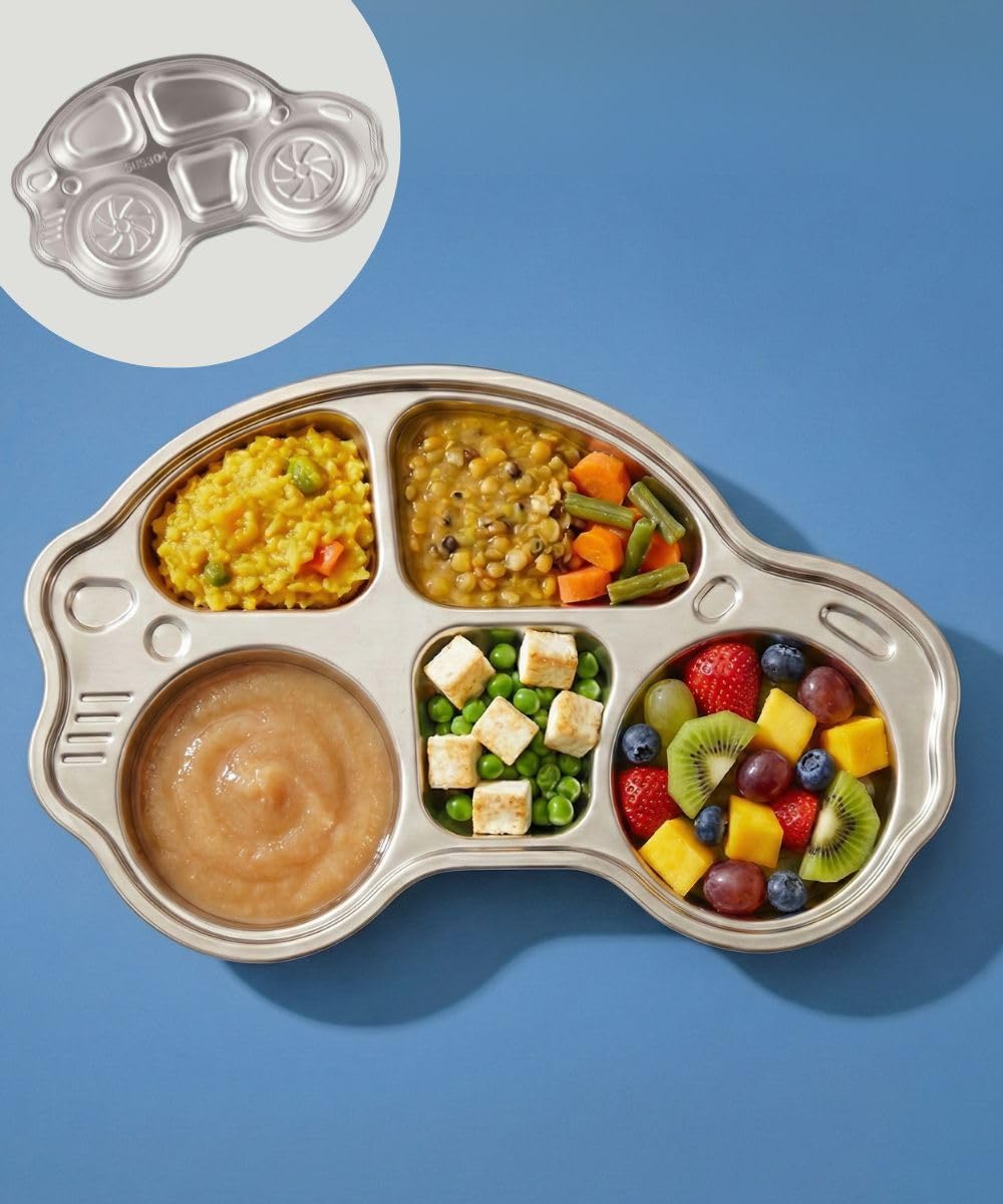 Stainless Steel Divided Plate for Kids & Toddlers, Multi-Section Meal Tray for Breakfast, Lunch & Dinner, Kid-Friendly Attractive Car Shape, Mess-Free Eating Plate-image-7