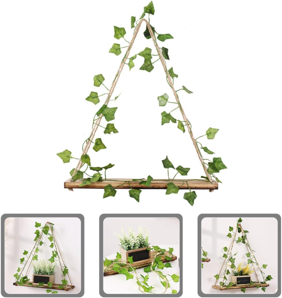 SOLUSTRE Rustic Style Hanging Swing Shelf with Artificial Climbing Vines, Wooden Floating Shelf for Home and Patio Decor, Strong and Sturdy with No Odor, Wall Mounted Storage and Display