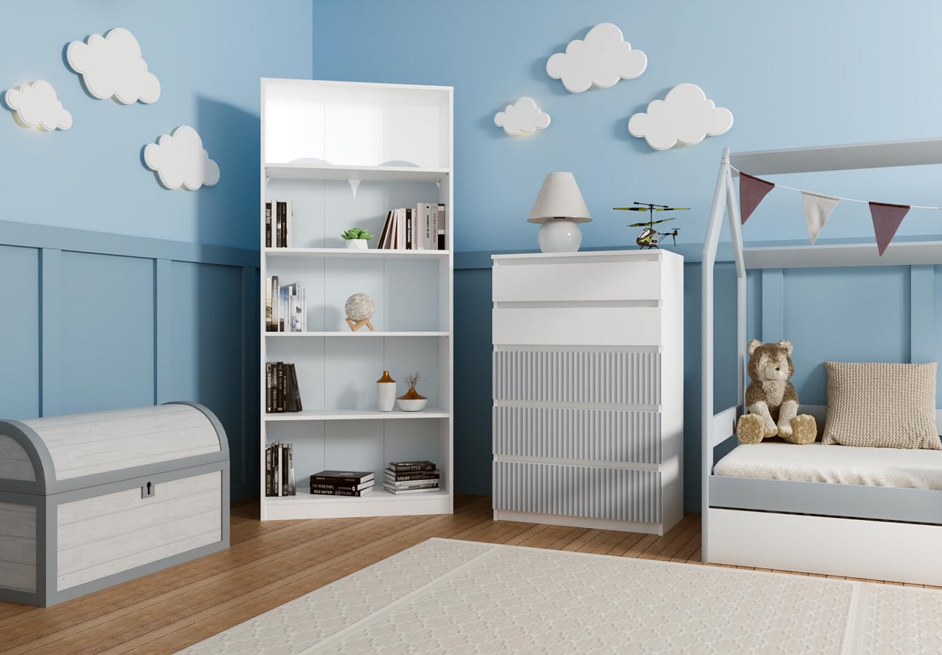 CDF Kommode Malwa M5 | Farbe: Weiß/Blau | Schrank für Dokumente, Kleinigkeiten | Ideal für Wohnzimmer, Schlafzimmer, Kinderzimmer, Jugendzimmer | 5 geräumige Schubladen