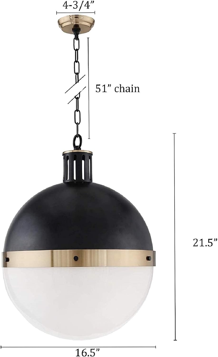 Get Discount Offer 16.5 Globe Pendant Light, Matte Black with Brass Accents, Half Opal Glass Shade, Contemporary Mid Century Modern Style Lighting Fixture