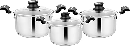 Steelcraft Premium Stainless Steel Induction Bottom Accord Cookware Family Combo Best for Cook and Serve Set of 3 pc Casserole (14cm, 850ml) (16cm, 1300ml)(18cm, 1800ml) with Glass Lids,Silver
