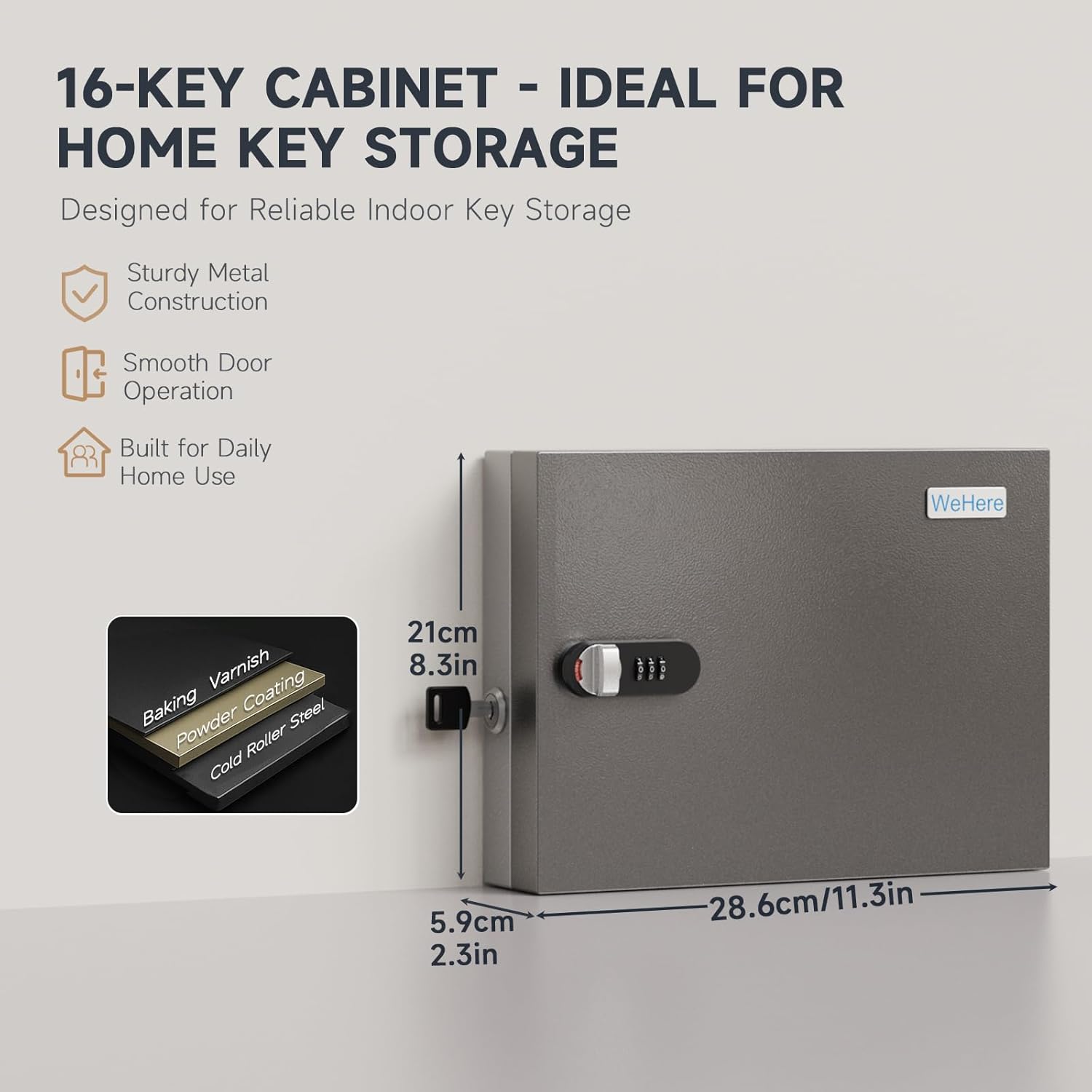 WeHere 16 Key Lock Box – Wall Mounted Key Cabinet with Dual Lock (Key & 3-Digit Combination), Home & Small Office Key Organizer for Entryway & Garage，Includes Key Tags