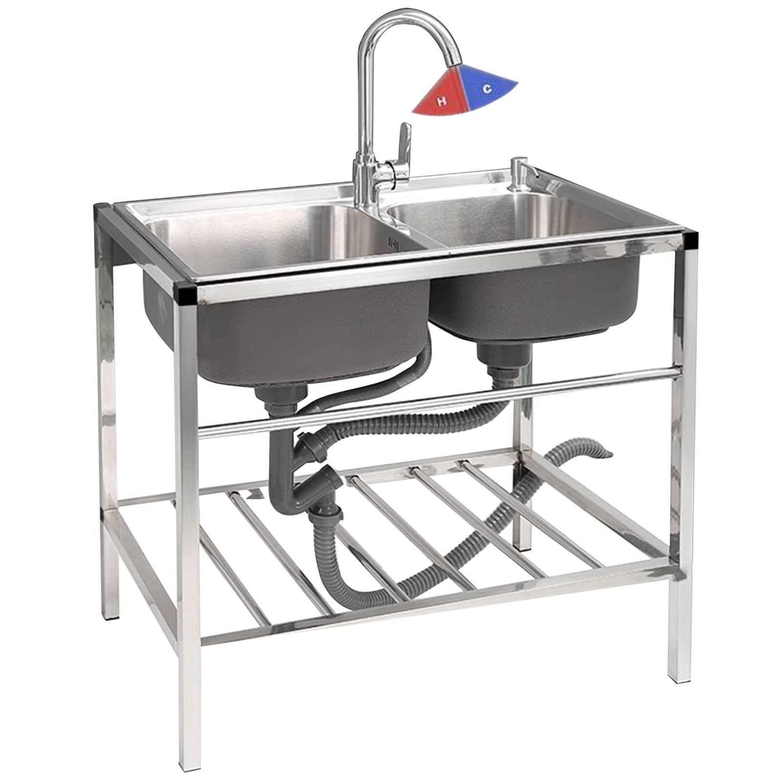 CZYWKDDPP Stainless Steel Prep & Utility, 2 Basin Laundry with Cold and Hot Taps, Practical Freestanding Multipurpose Commercial for Laundry/Backyard/Garage