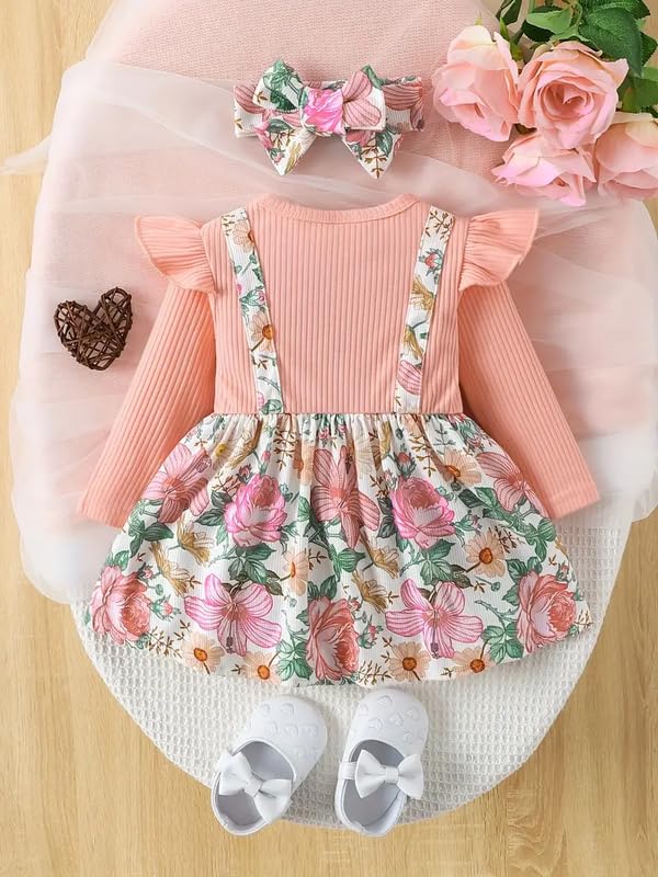 Image of Niren Enterprise Girl's Indian Pitta Floral Printed Full Sleeve Dungaree Style Knee-Length Baby Frock