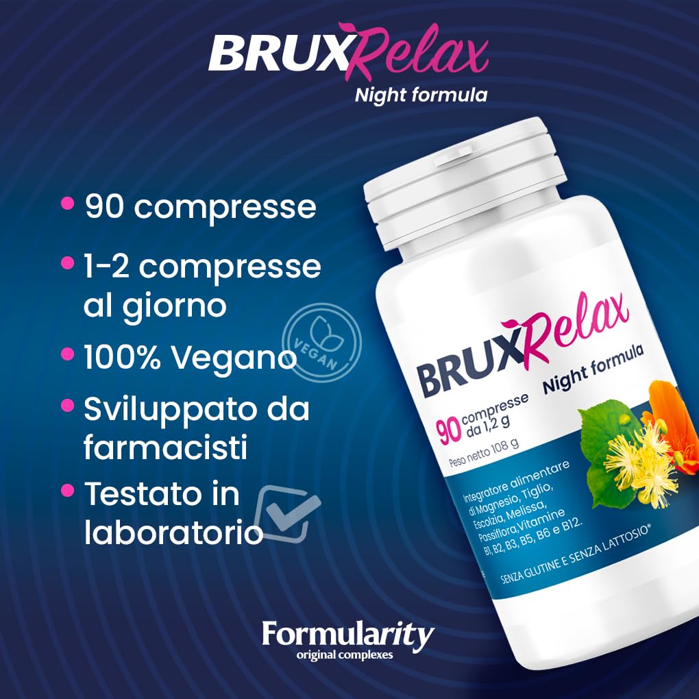 BruxRelax - Integratore Naturale per Bruxismo, Insonnia e Disturbi del Sonno -Con Tiglio, Escolzia, Mellisa, Passiflora, Doppio Sale di Magnesio, Vitamine del gruppo B-90 compresse/3mesi Made in Italy