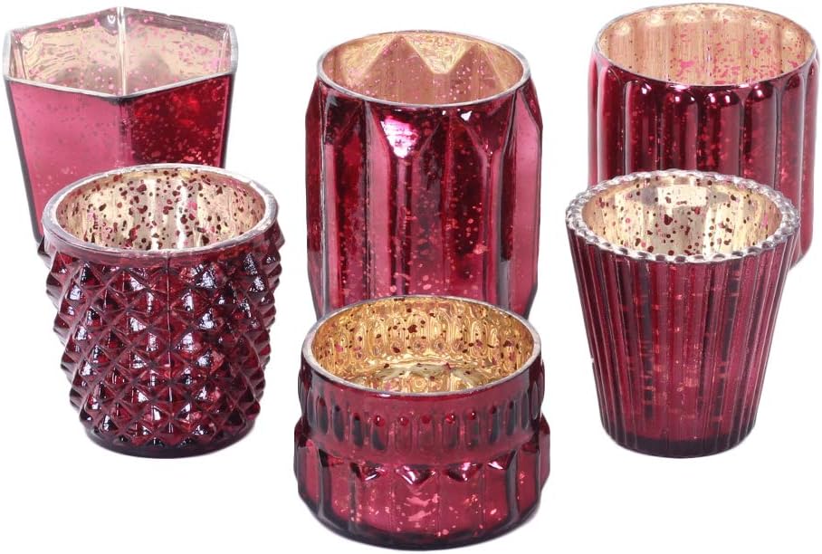 Koyal Wholesale Burgundy Mixed Mercury Glass Candle Holders