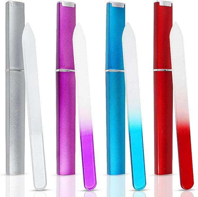 SWKJ 4 PCS Set Glass Nail Files Professional Gradient Color Crystal Nail Files with Cases Double Sided Nail Files Fingernail/Toenail Caring Tools for Home and Salon Use
