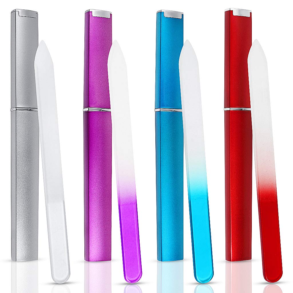 OWUDE 4 PCS Professional Glass Nail Files Set, Double Sided Gradient Mix Color Crystal Nail Files with Cases for Nail Care and Styling