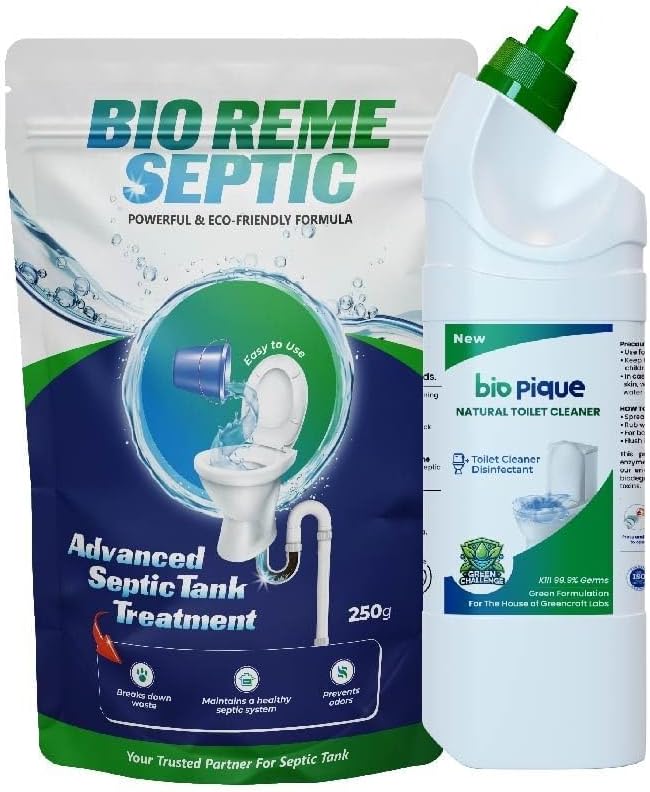 Greencraft Labs Septic Tank Cleaner Powder | Sludge Reduction & Odour Control Formula | Bacteria Based Eco Friendly Waste Treatment Solution | Home & Commercial Use Pack 250g + 500ml