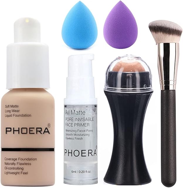 6PCS Liquid Foundation Set Matte Liquid Full Coverage Foundation with Face Primer Volcanic Stone Oil Rollers Foundation Brush Makeup Sponge Makeup Set (#102)