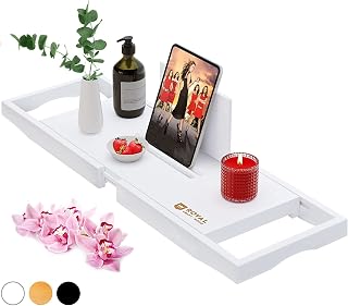 ROYAL CRAFT WOOD Luxury Bamboo Bathtub Caddy Tray with Book and Wine Holder - One or Two Person Bath and Bed Tray with Extending Sides - Free Soap Dish (White)