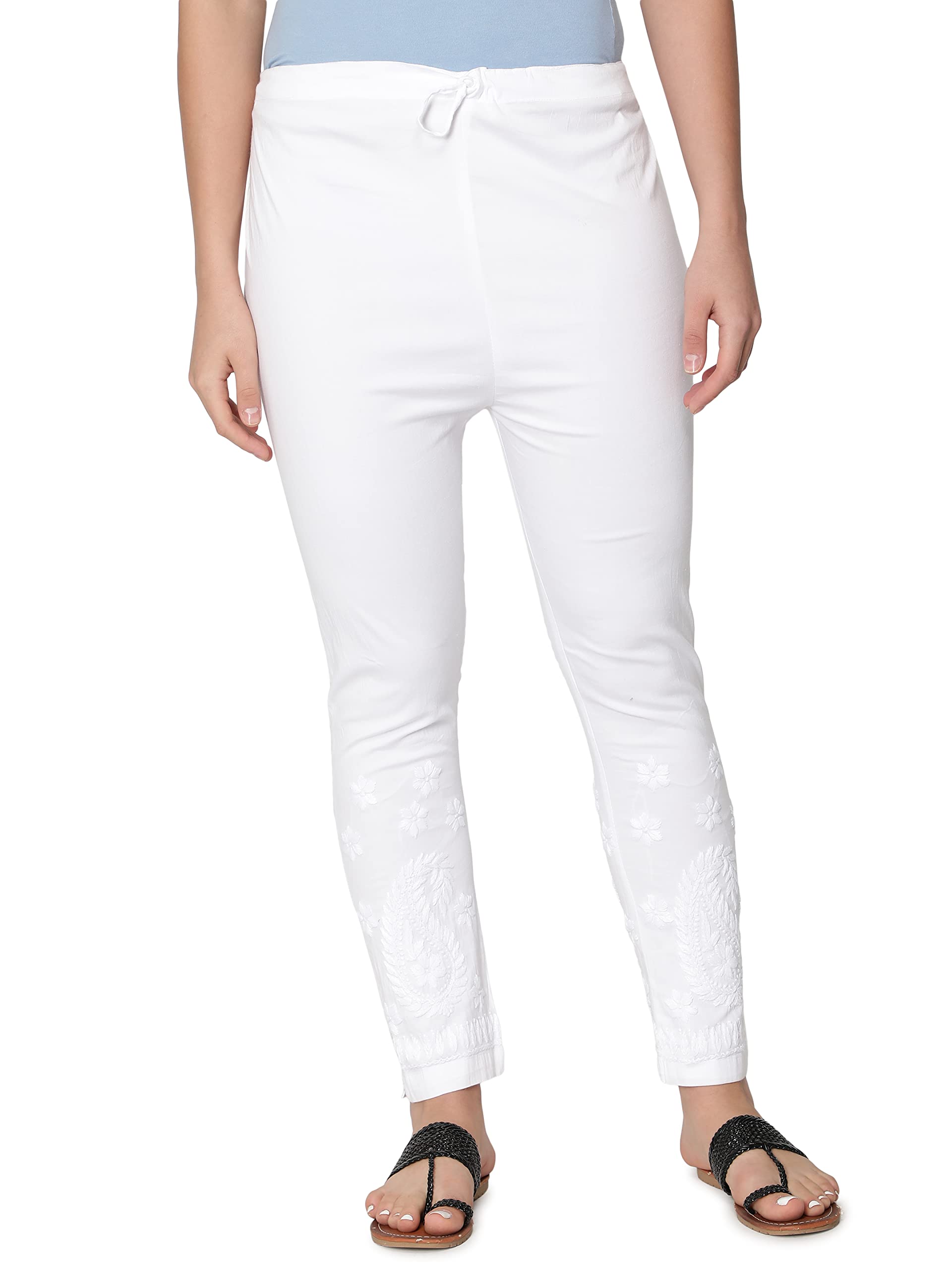 seva chikan Hand Embroidered White Cotton Lucknawi Chikankari Trouser Pants for Womens SCL11009-picture-32