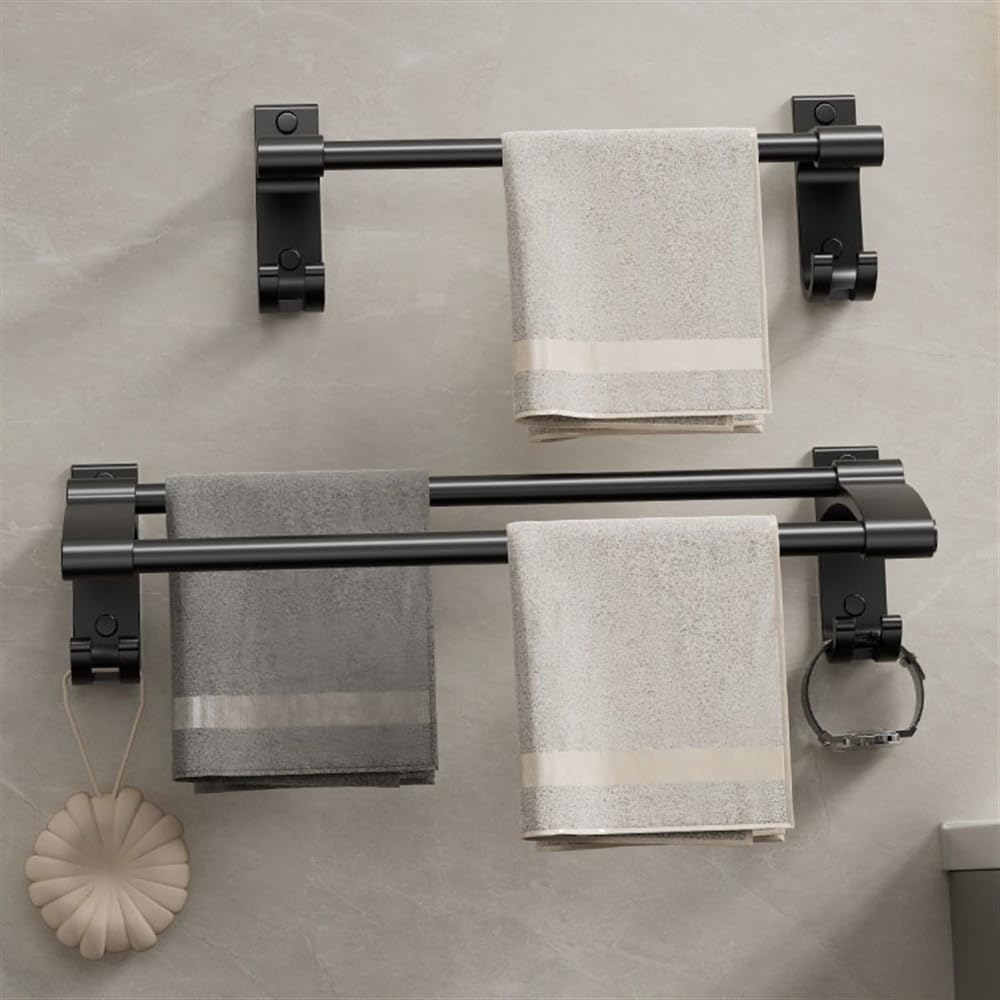 LUUYYI Estante de baño con ganchos, colgador de toallas de aluminio grueso, sin taladrar, toallero montado en la pared, moderno para decoración del hogar, estantes flotantes (gris pistola, 70 cm)