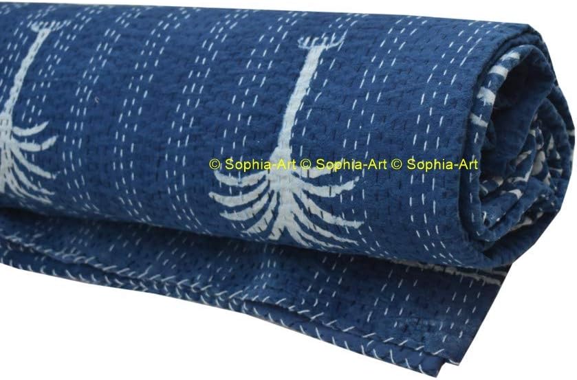 Sophia-Art Handmade Kantha Quilt Queen Size Indian Palm Tree Cotton Reversible Bedding Bedspread Throw Bed Cover Hippie White Cotton Kantha Bed Sheet Bohemian Blanket (Blue Indigo, 90" X 108")