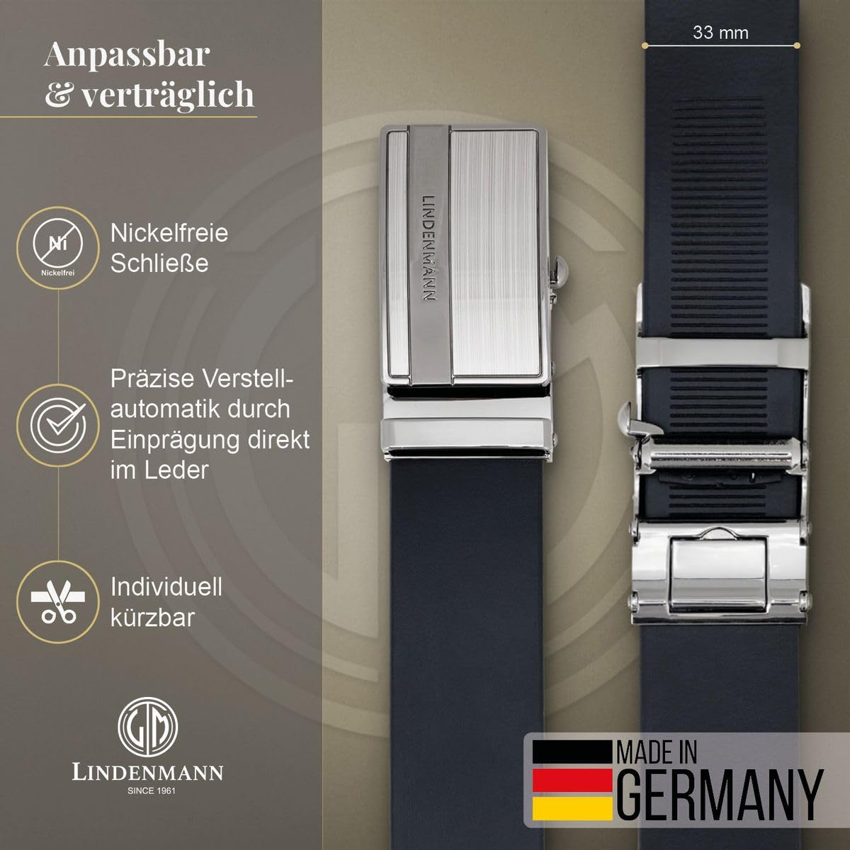LINDENMANN Herren Automatikgürtel Rindsleder schwarz Made in Germany