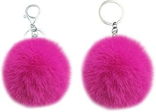 2 Pieces Pom Pom Keychain Artificial Rabbit Fur Puff Ball Pompom Key Ring Tote Bag Pendant for Women