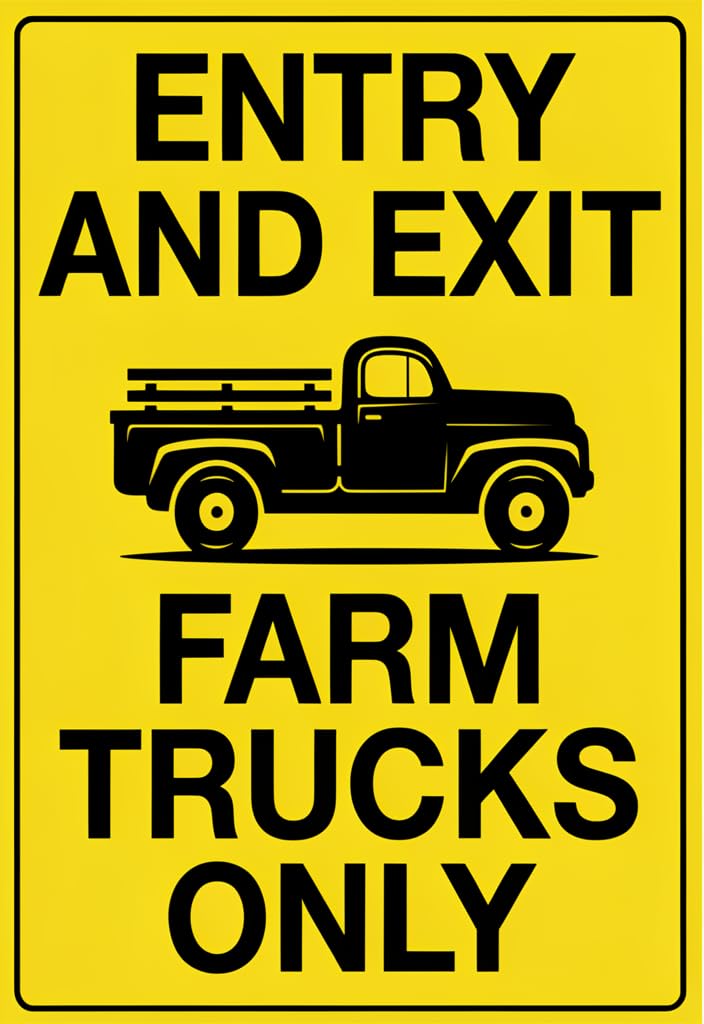 peiyeety Entry and Exit Farm Trucks Only Tin Sign 12x8 Inch, Vintage Yellow Metal Wall Decor for Farmhouse Barn Garage Workshop Entrance, Rustic Truck Sign for Home Decor and Gift