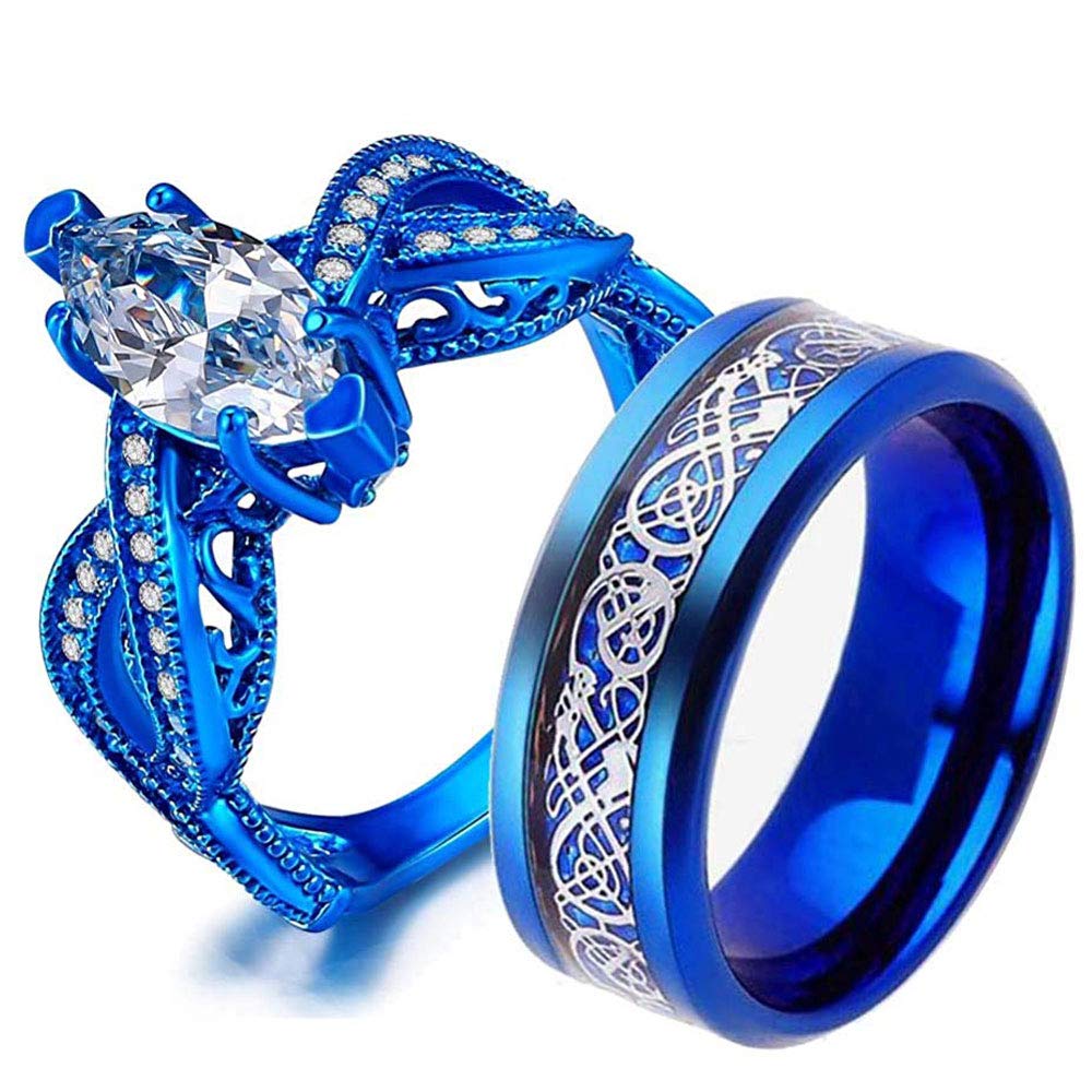 AONEW Couples Ring Set Pear Shaped Cubic Zirconia Solitaire Women Engagement Ring Bridal Rings & Mens Blue Stainless Steel Celtic Knot Wedding Band【Buy Two Rings for One Pair】