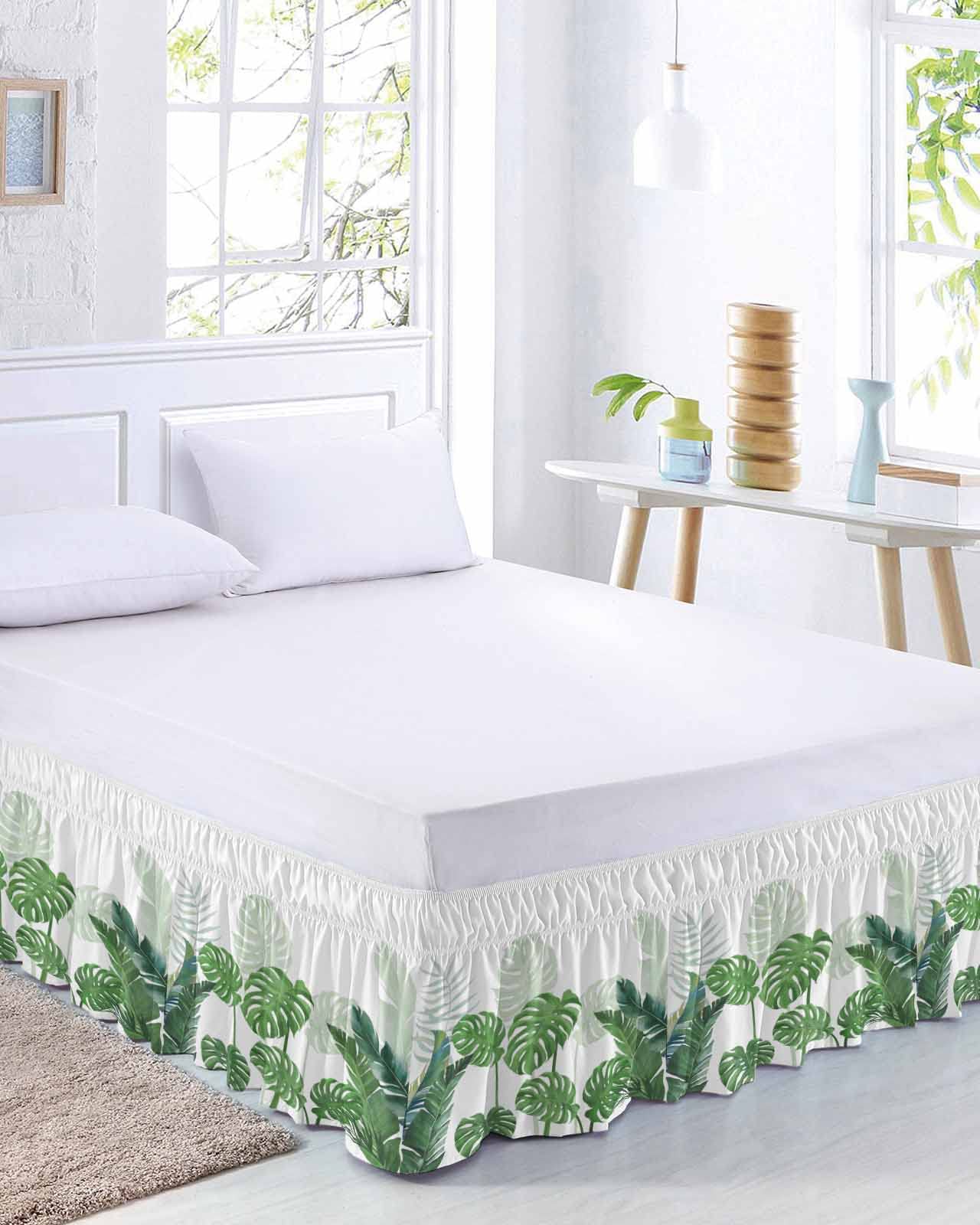 Palm Tree Leaves Bed Skirt Queen Size 18 Inch Drop, Adjustable & Elastic Wrap Around Bed Skirts Pleated Luxury Dust Ruffles for Twin Full Queen Cal King Base Bed, Green Summer Tropical Leaves