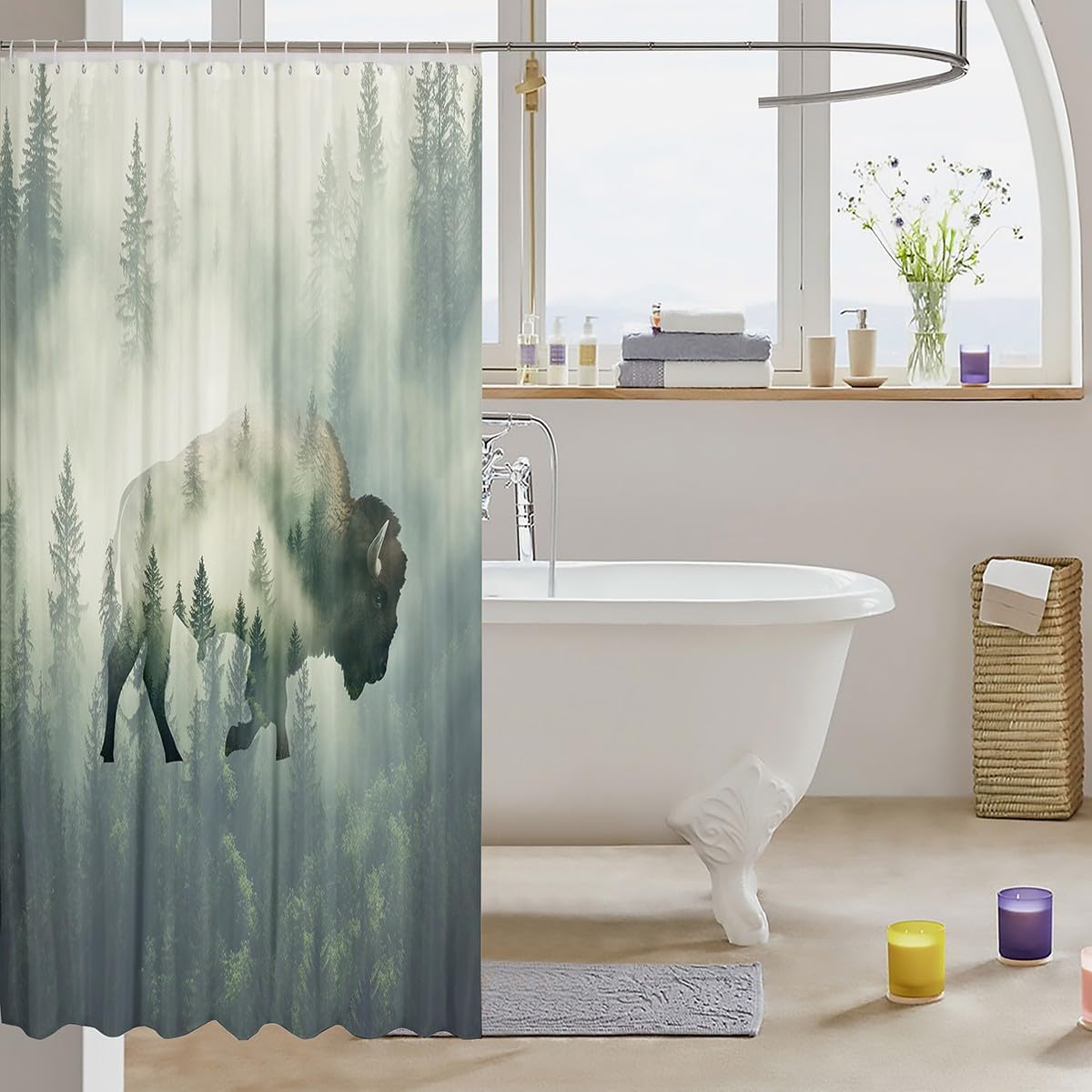 Feelyou Cute Buffalo Bath Curtain 72"x78" Kids Wild American Bison Shower Curtain 3D Wild Animal Wildlife Forest Tree Bathroom Shower Curtain Set for Room Decor Green Kids Bathroom Accessories