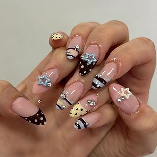 Press On Nails 24 Stück Nägel Zum Aufkleben Fake Nails Almond Oval Set Für Frauen, Anfänger, Nail Fans Für Party, Date, Urlaub, Sommer DIY, Nude Pink Braun