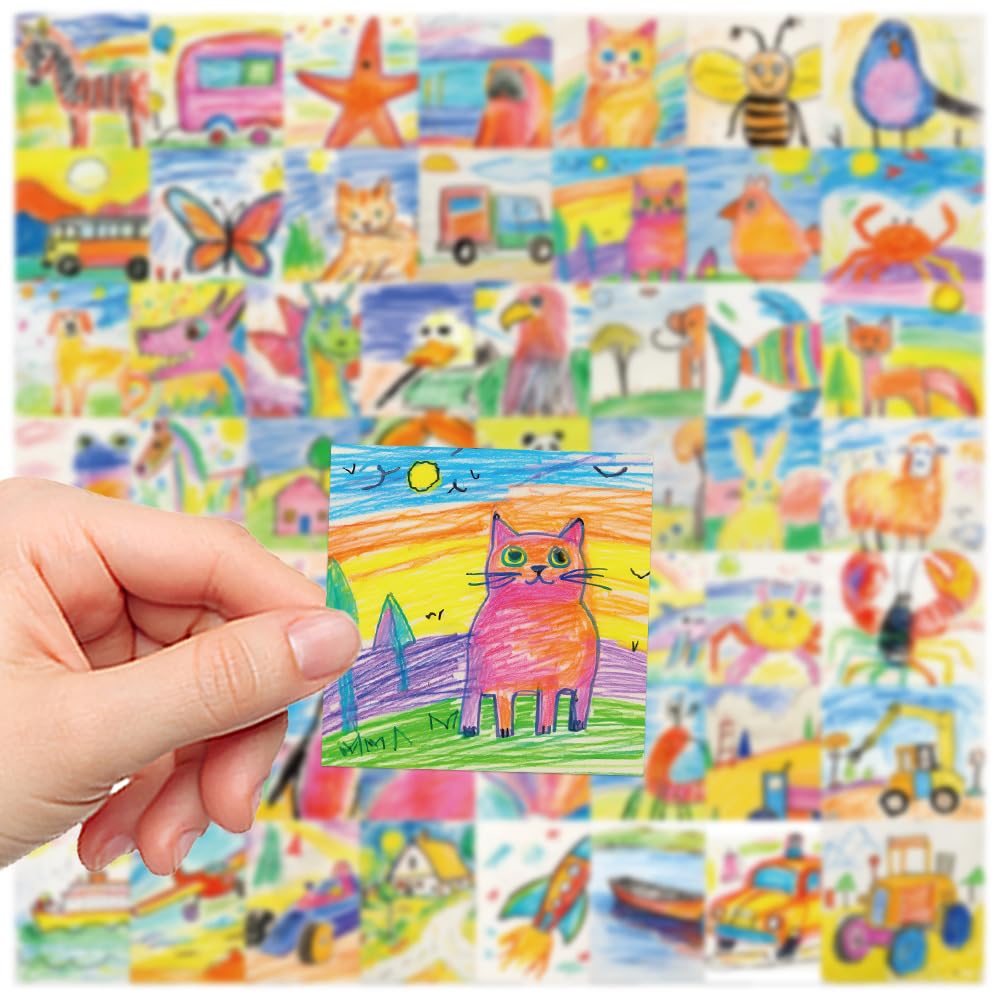 子供の絵をステッカーに♡ Amazon.co.jp: 子どもの描いた絵 ステッカー 54枚セット PVC 防水