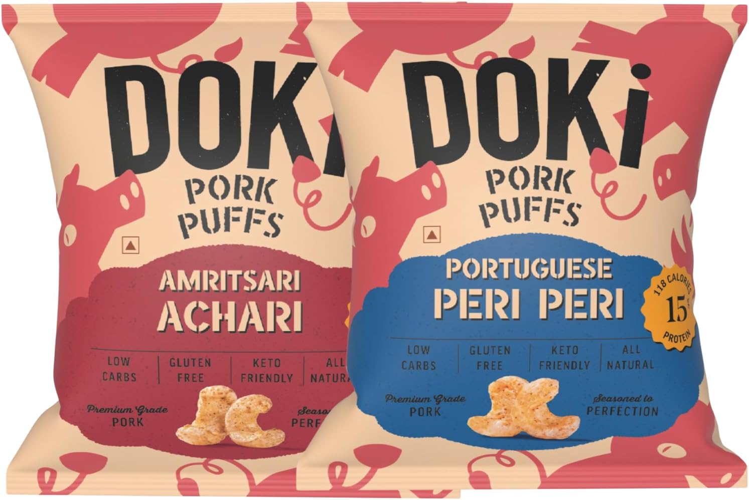 DOKi Pork Puffs (Pack of 4) (2 Flavours) (High Protein, Low Calorie, All-Natural, Gluten Free, Ready-to-eat, Low Carb, Keto Friendly)