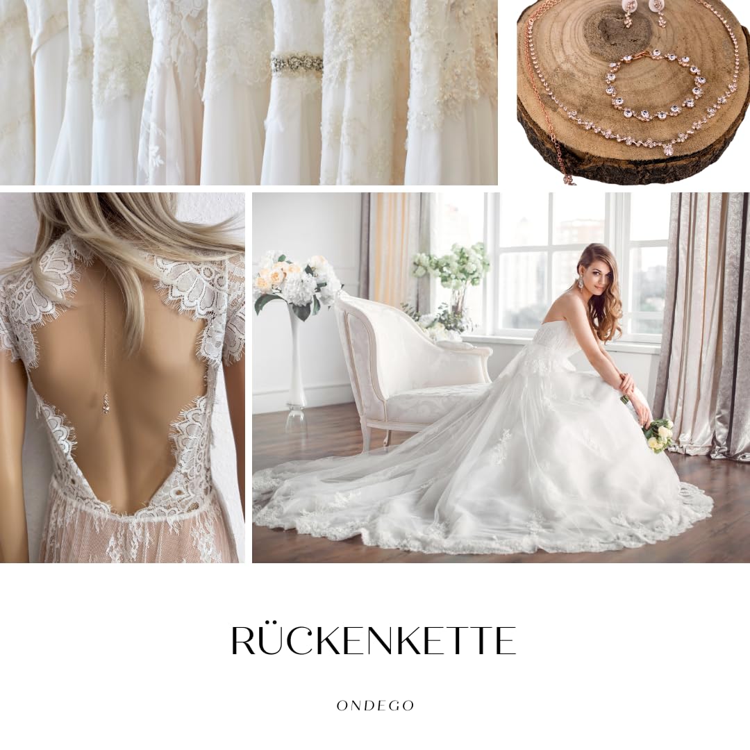 Brautschmuck Set Rosegold, Rückenkette mit Strass 23cm, Collier 38-48cm, Armband 18,5cm, Ohrringe 2,5cm