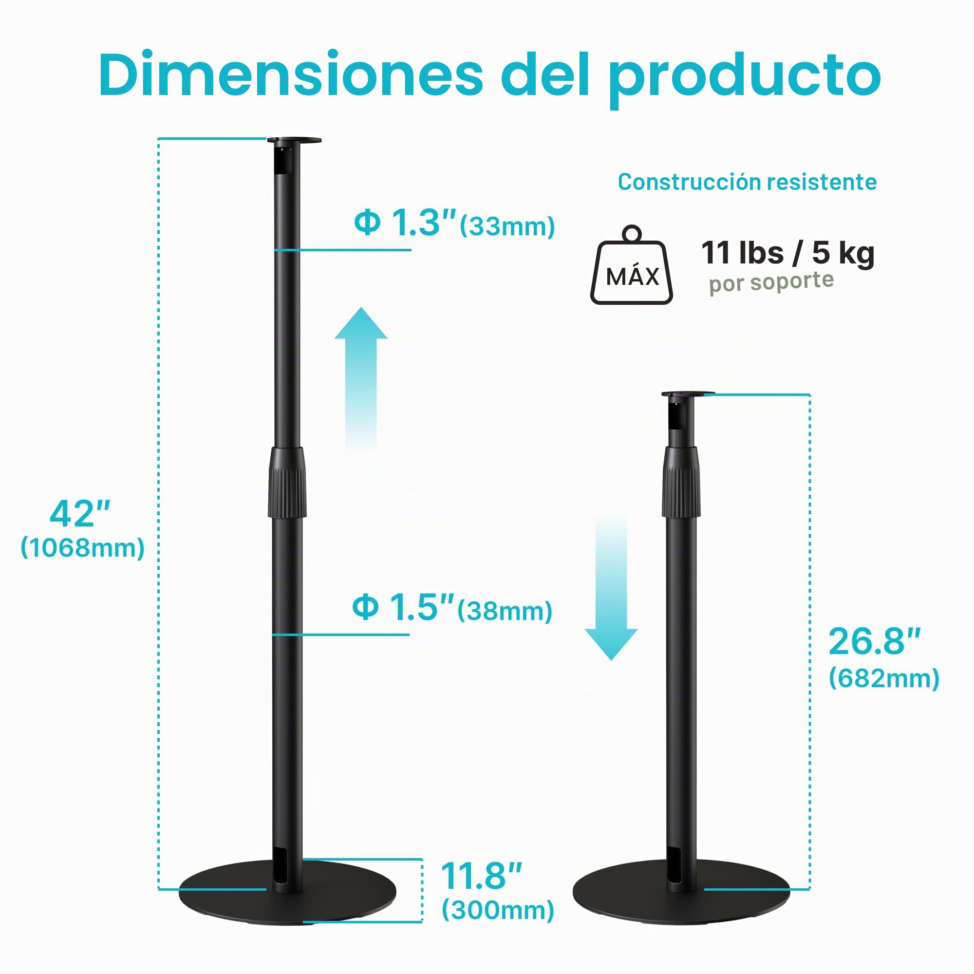 PEGZONE Soporte Altavoces para Sonos Era 100/300, 2 Unidades, Negro | Altura ajustable 68-106 cm, acero con gestión de cables, hasta 5 kg, base antideslizante Ø30 cm
