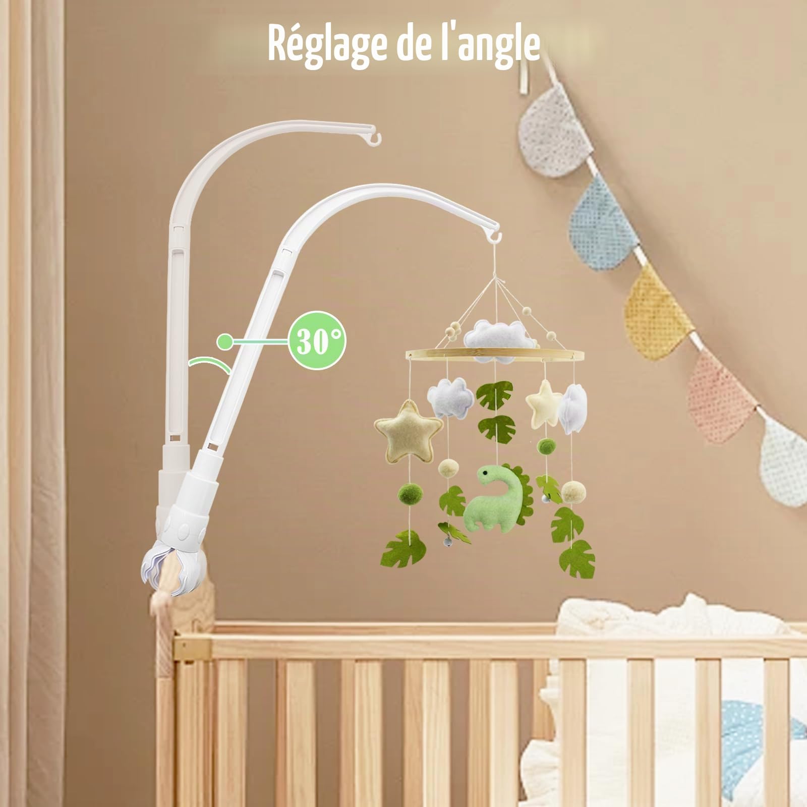 Support mobile pour lit d'enfant 58 cm Support amovible réglable pour crèche suspendue/jouet mobile Blanc