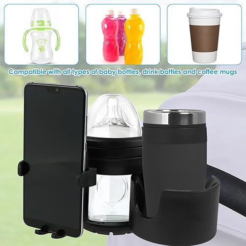 Miniatura 4 de ZealSound Portavasos para cochecito  Soporte para botella 3 en 1 con soporte para teléfono, soporte para bebidas con rotación de 360 grados para