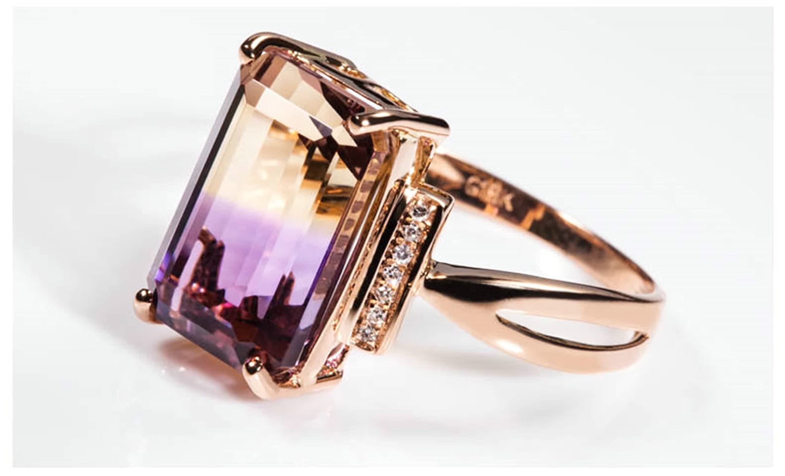 Sortijas de Oro Mujer 18K, Anillos de Mujer de Compromiso Ametrino Rectángulo Oro Rosa 18 Kilates con Certificado