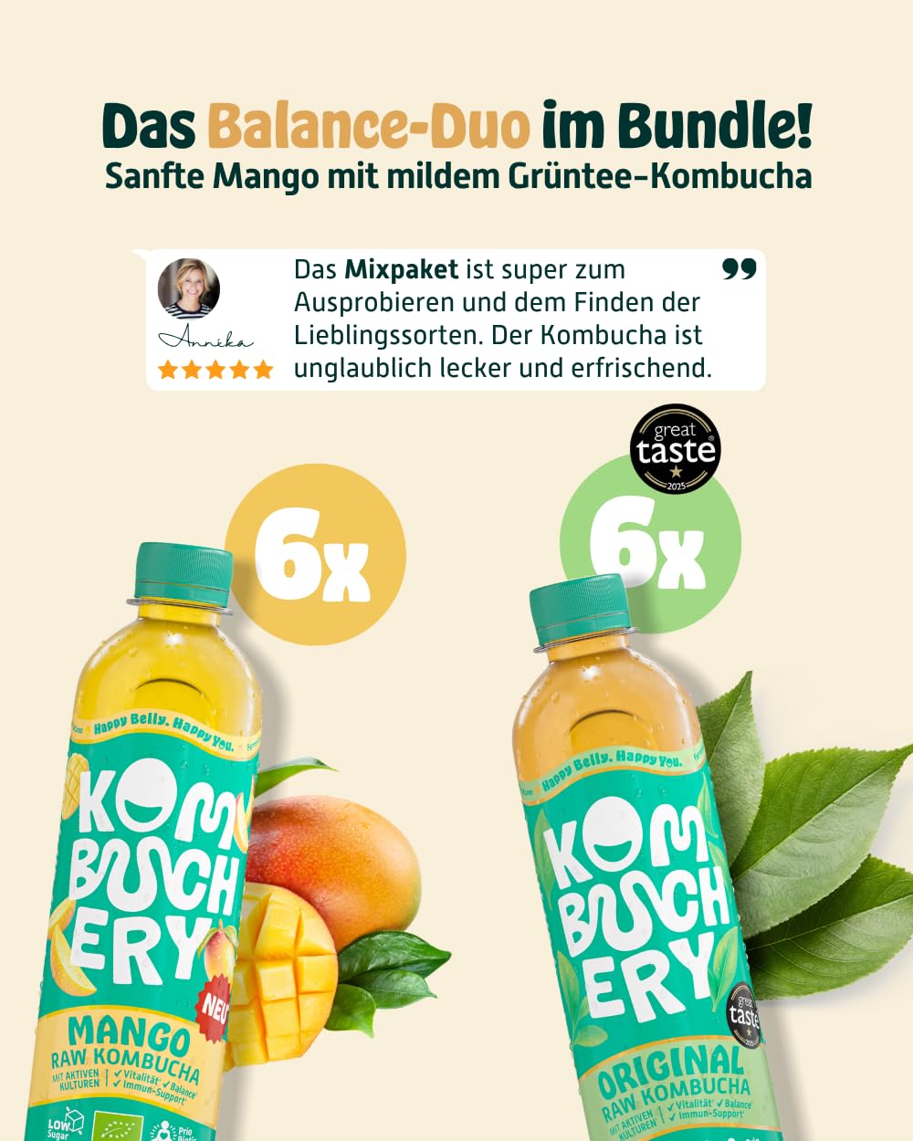 KOMBUCHERY® Balance Bundle | Raw Kombucha BIO | 12 x 400ml | Fermentierter Tee mit aktiven Darm-Kulturen | Zuckerarm & Kalorienarm | Unpasteurisiert, PrioBiotic, Vegan, Testsieger | inkl. 3€ PFAND