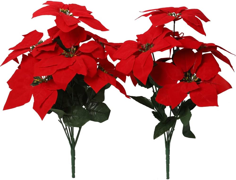 Nubry 2pcs Artificial Poinsettia Flowers Fake 7 Heads Red Christmas Decoration Bouquet Faux Flowers with Stem for Christmas Tree Home Garden Decor (Red)