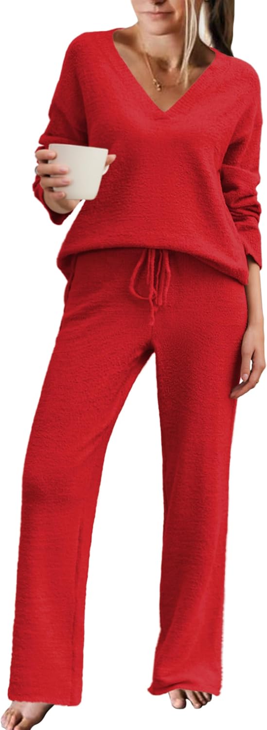 Ekouaer Womens Pajama Sets Fuzzy Fleece Sleepwear Long Sleeve Pjs 2 Piece Lounge Set Fall Outfits Sweater Nightwear S-XXL