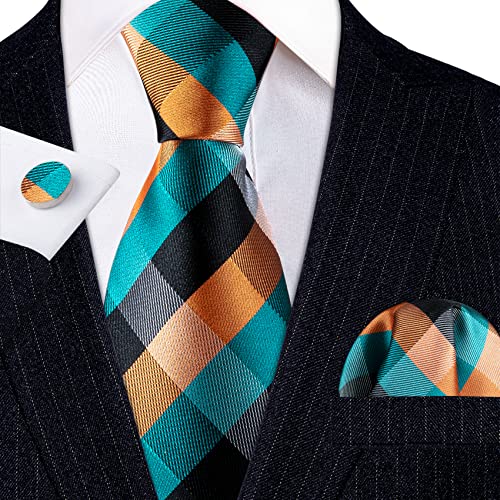 Image of YOHOWA Men Plaid /Striped Ties Set Silk Business Wedding Formal Fashion Necktie and Pocket Square Cufflinks Set