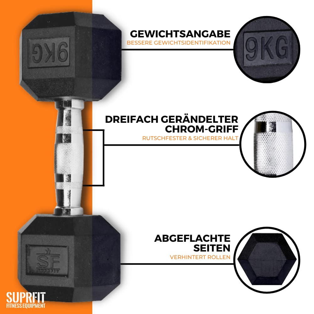 SUPRFIT - Hexagon Kurzhantel einzeln mit gummiertem Eisenkern - Fitness Gewichte Hanteln 1-50 kg mit rutschfestem Chromgriff - Premium Kurzhantel für Calisthenics, Krafttraining & Crossfit Übungen