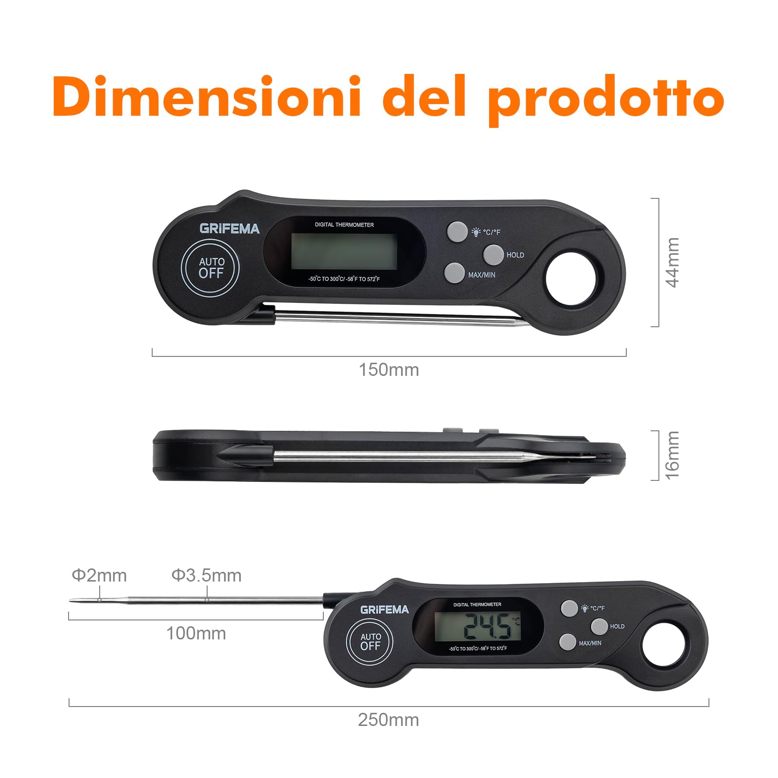 GRIFEMA GA2801 Termometro da Cucina Pieghevole Digitale per Alimenti Nero