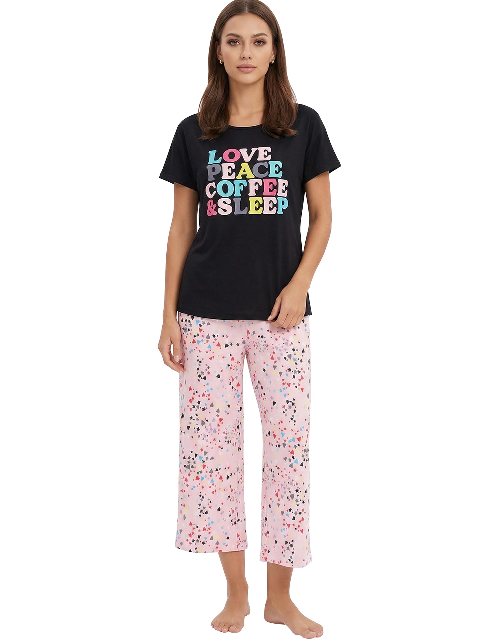 CHUNG Women Cotton Pajama Sets Sleepwear pjs Short Sleeve Shirt Capri Length Crop Pants Cute Vivid Print