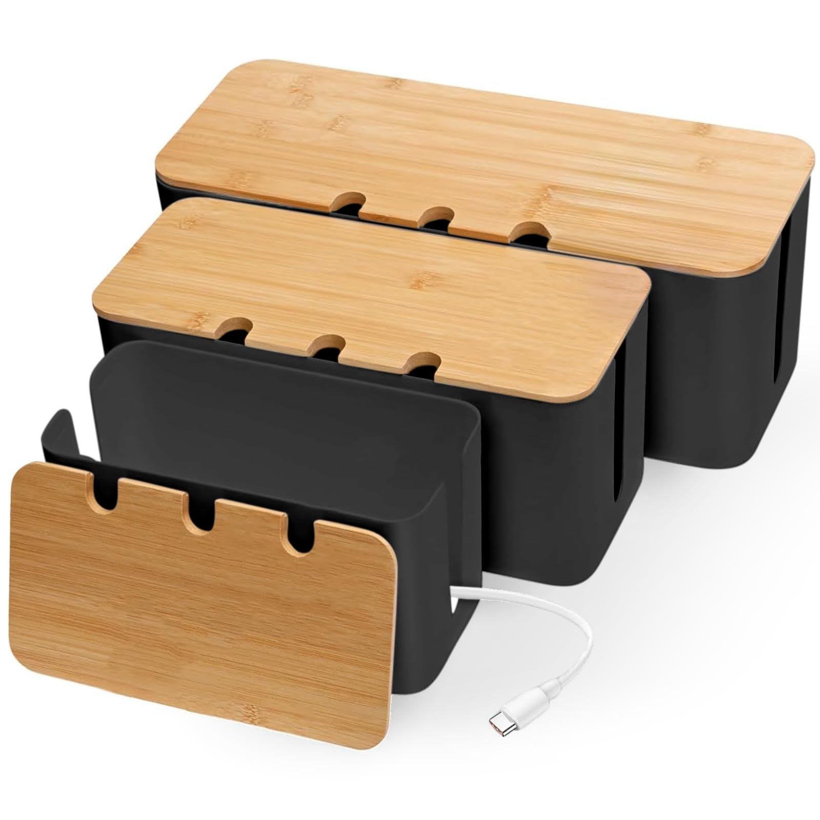 3 Piezas Caja Organizadora Cables, Caja Organizadora de Cables con Tapa de Madera Perforada, para Ocultar Enchufes, Tres Tamaños, Grande, Mediano y Pequeño, Negro