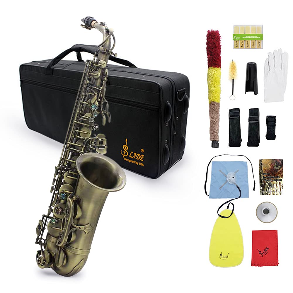 Btuty Eb E-flat Sax Alta Qualità Finitura Antica Curva Sassofono Contralto Abalone Shell Chiave Intaglio Modello con Custodia Guanti Panno Panno di Pulizia Cinghie Spazzola