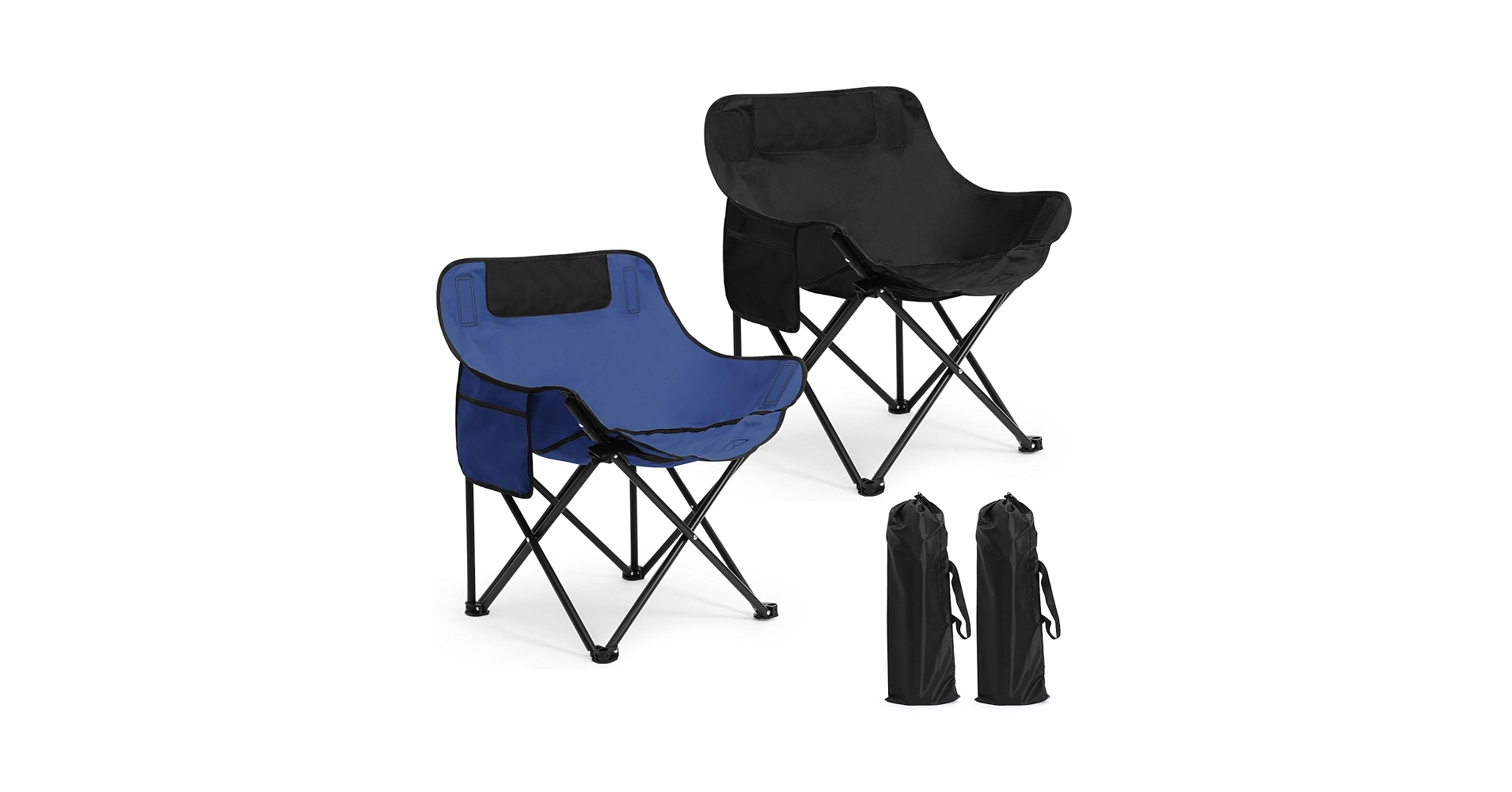 Voyager 2 Pk Folding Camping Chair, Lightweight & Portable With Carry Handle, Back Support Festival Picnic Deck Chair, Adjustable Straps & Pocket