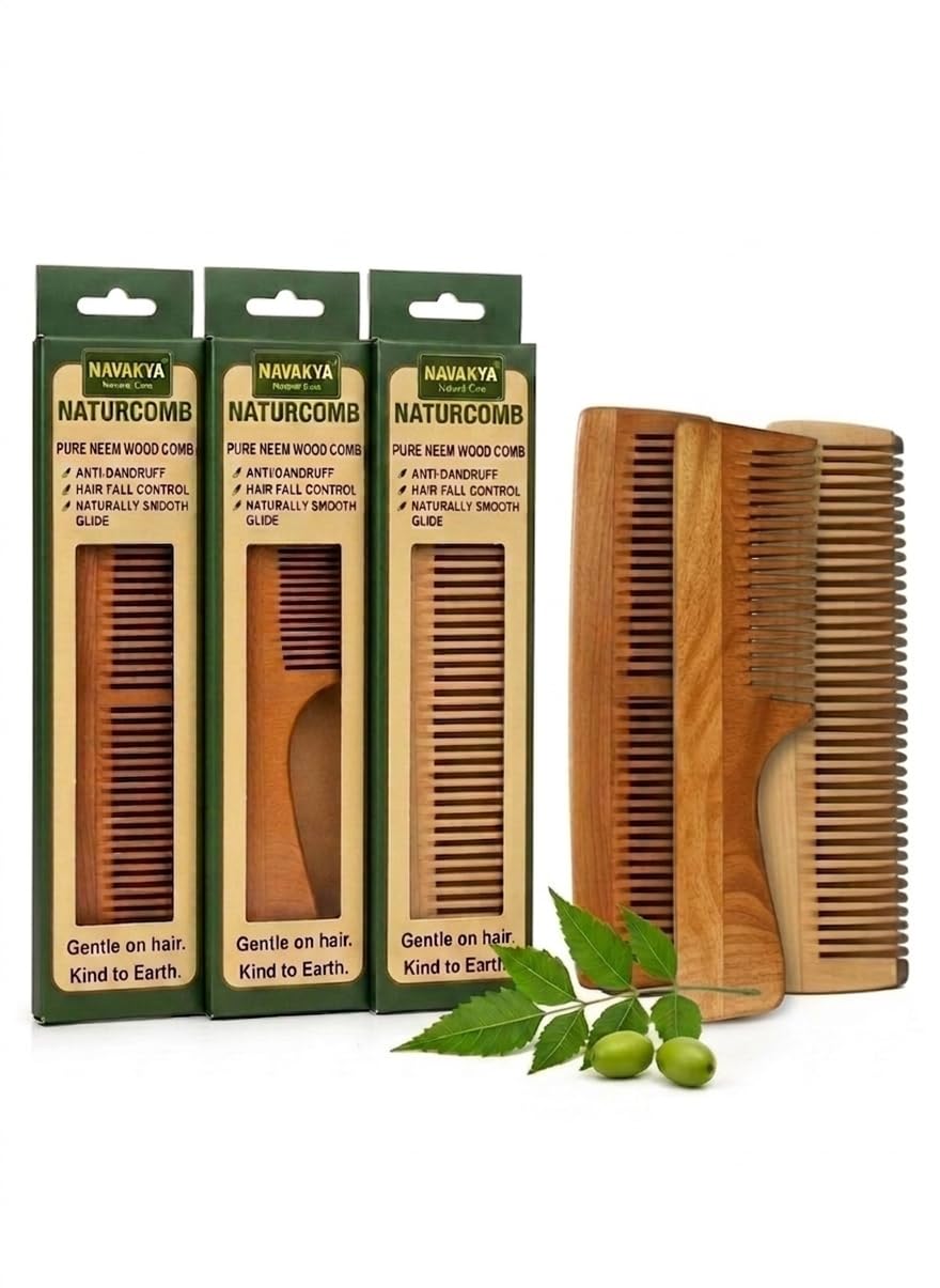 Kacchi Neem Wood Comb Set, Pack of 3, Wide Tooth Wooden Comb - NAVAKYA-image-16