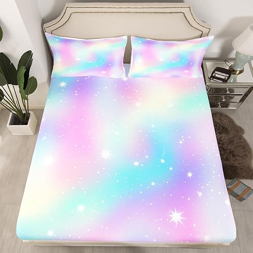Juego de ropa de cama arcoíris para decoración de habitación de niñas, sábana bajera ajustable Trippy de teñido anudado para mujer, juego de cama
