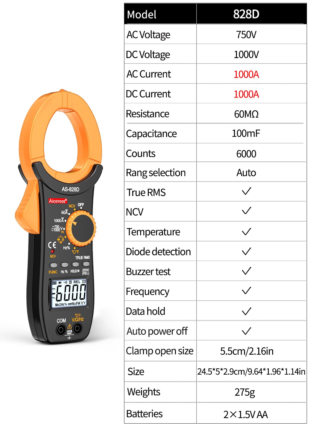 Stromzange Strommesszange Zangenamperemeter ac dc Strom 1000A True-RMS Auto-Ranging, misst Strom Spannung Temperatur Kapazität Widerstand Dioden (AC/DC Strom)