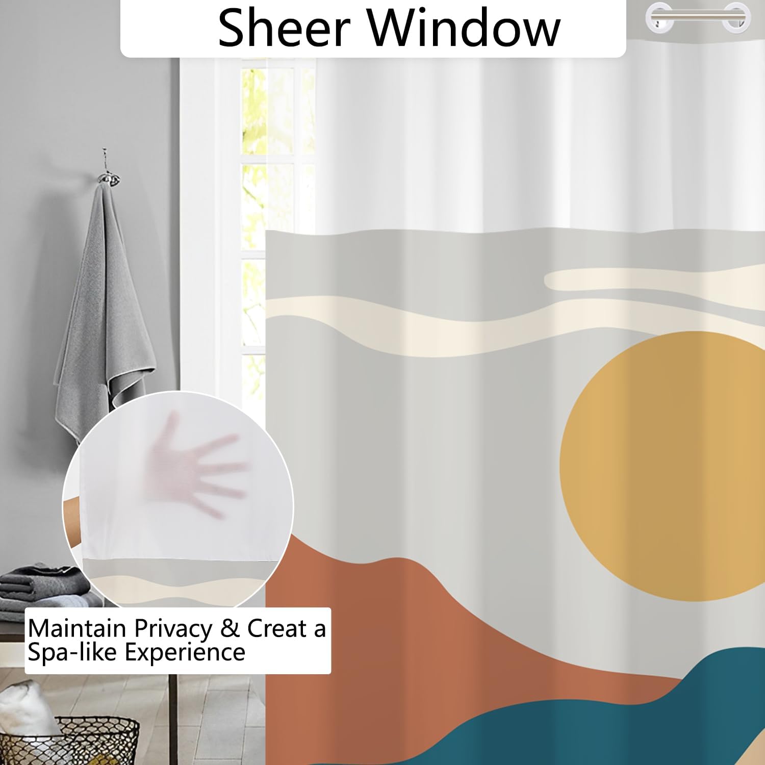 No Hook Boho Shower Curtain with Snap in Liner Set, Modern Boho Sun & Mountain Landscape Design, Mid Century Waterproof Shower Curtains for Bathroom Decor, 71x74 Inch