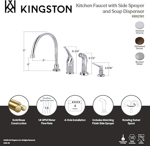 Miniatura 6 de Kingston Brass KB825K5 Chatham - Grifo de cocina amplio, 9 pulgadas, bronce aceitado