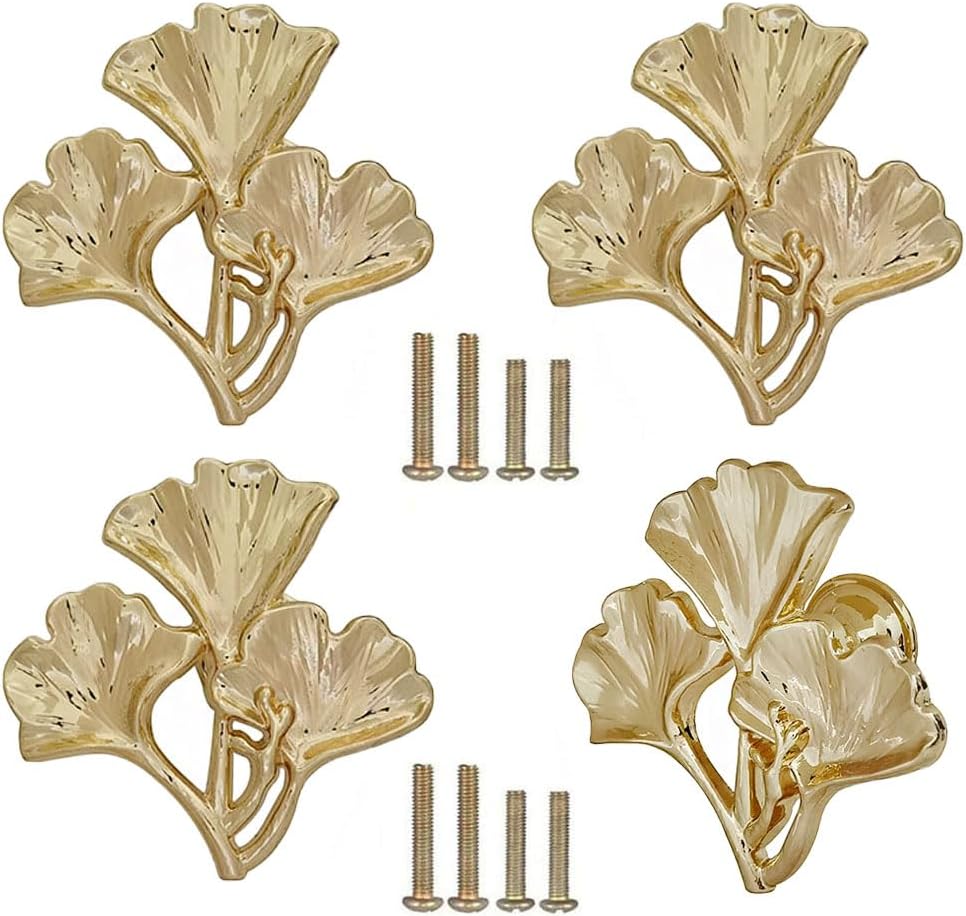 Furniture Knobs Pull - Ginkgo Leaf Shape Knob, Gold Leaf Knob Handles for Kitchen Cabinet Drawer Dresser Doors, Single-Hole Hardware Decorative Handles 4 PCS (Gold)