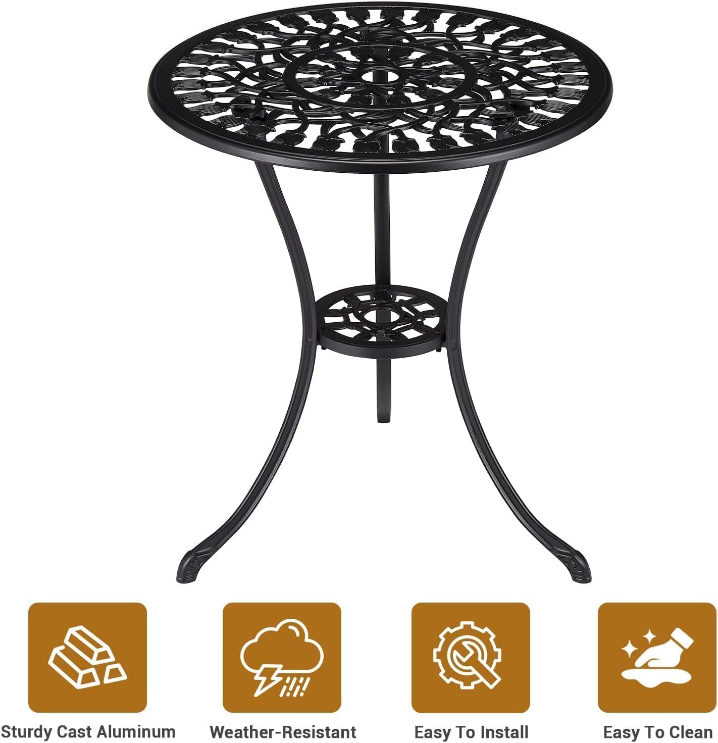 GarveeHome 23.4 in Round Cast Aluminum Patio Bistro Table with Umbrella Hole, All-Weather Antique Tulip Outdoor Side Table for Balcony, Porch, Backyard or Poolside, Black